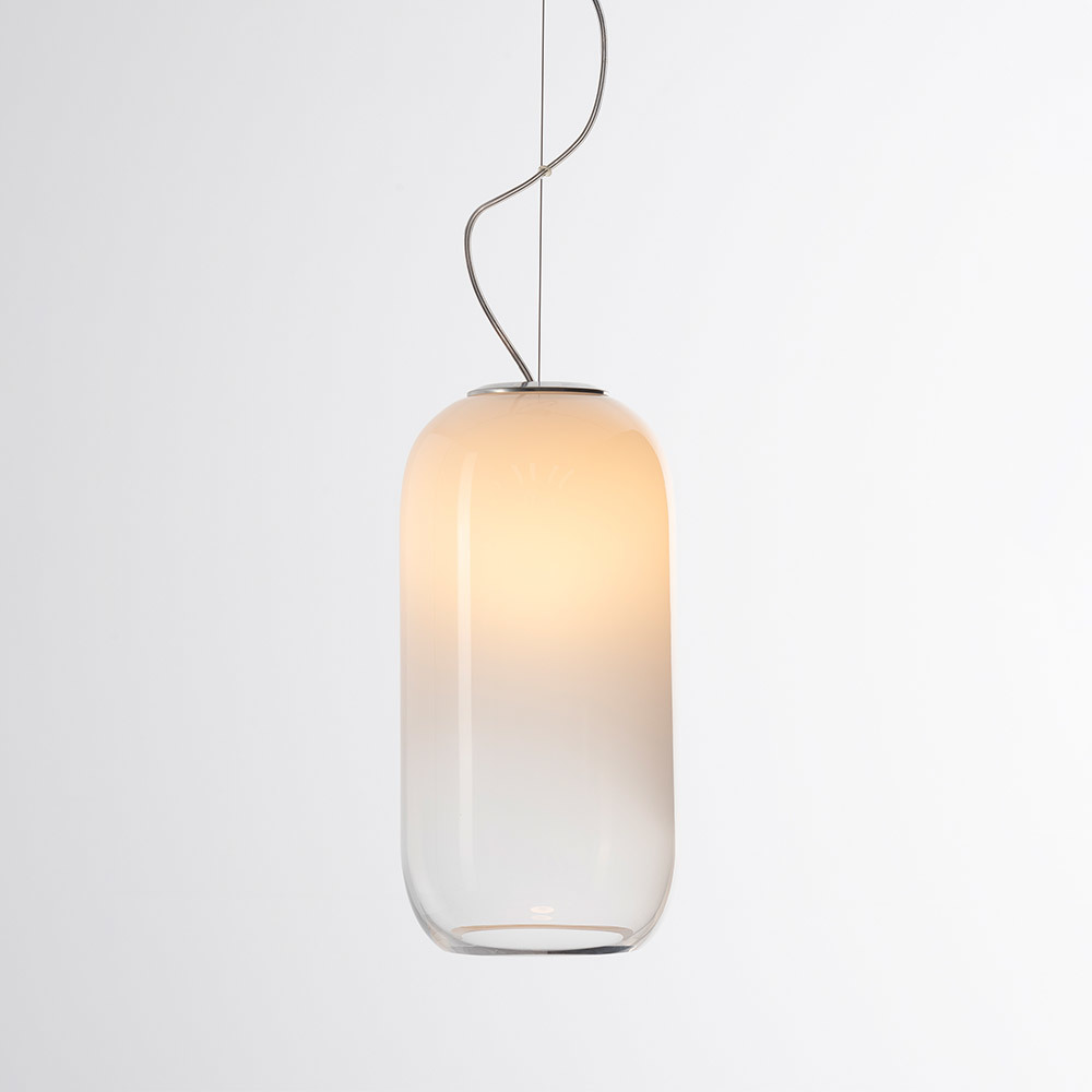 Gople pendant lamp with capsule-shaped gradient opal glass diffuser.