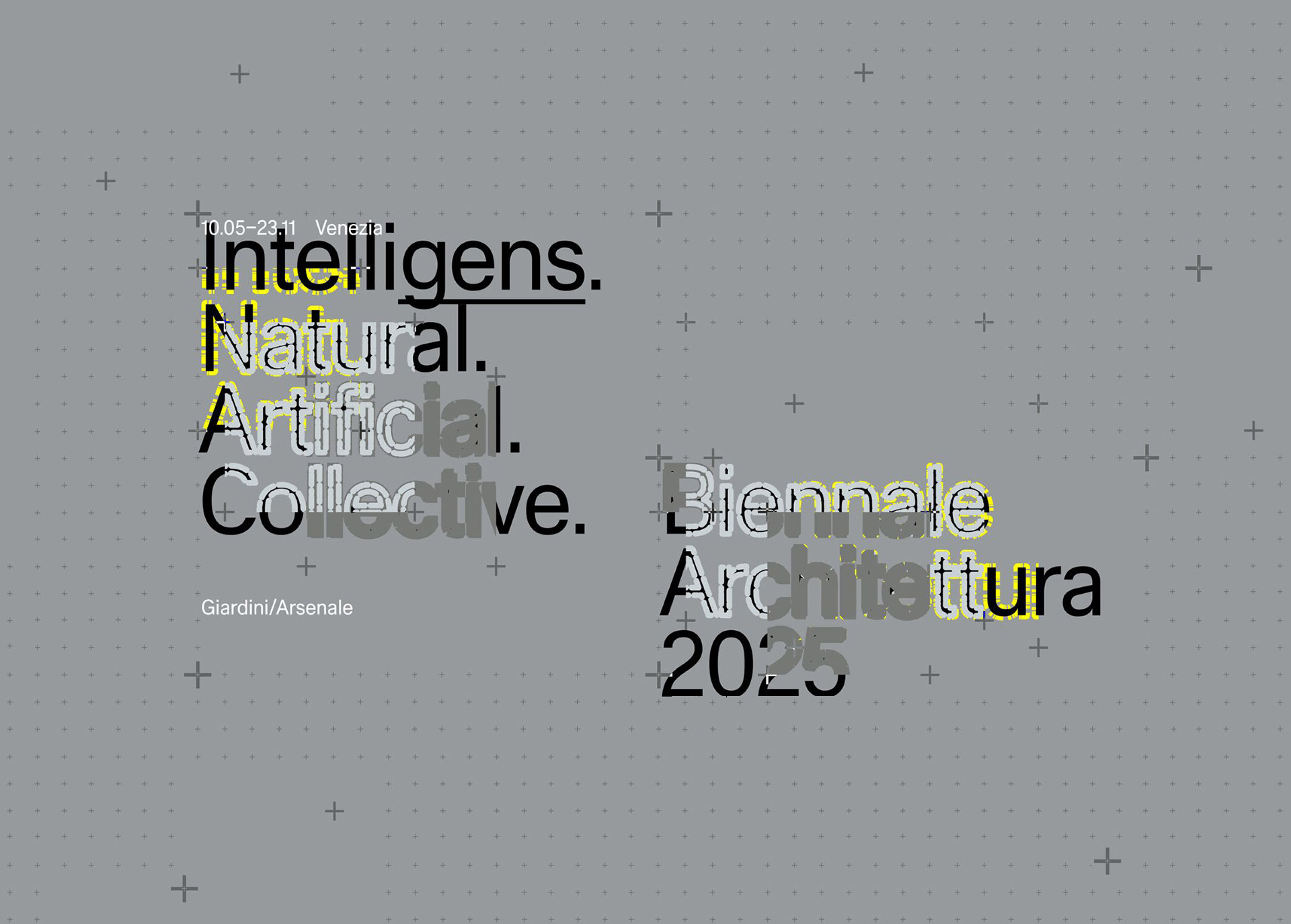Banner ufficiale della Biennale Architettura 2025 a Venezia: temi su intelligenza, natura, artificialità e collettività