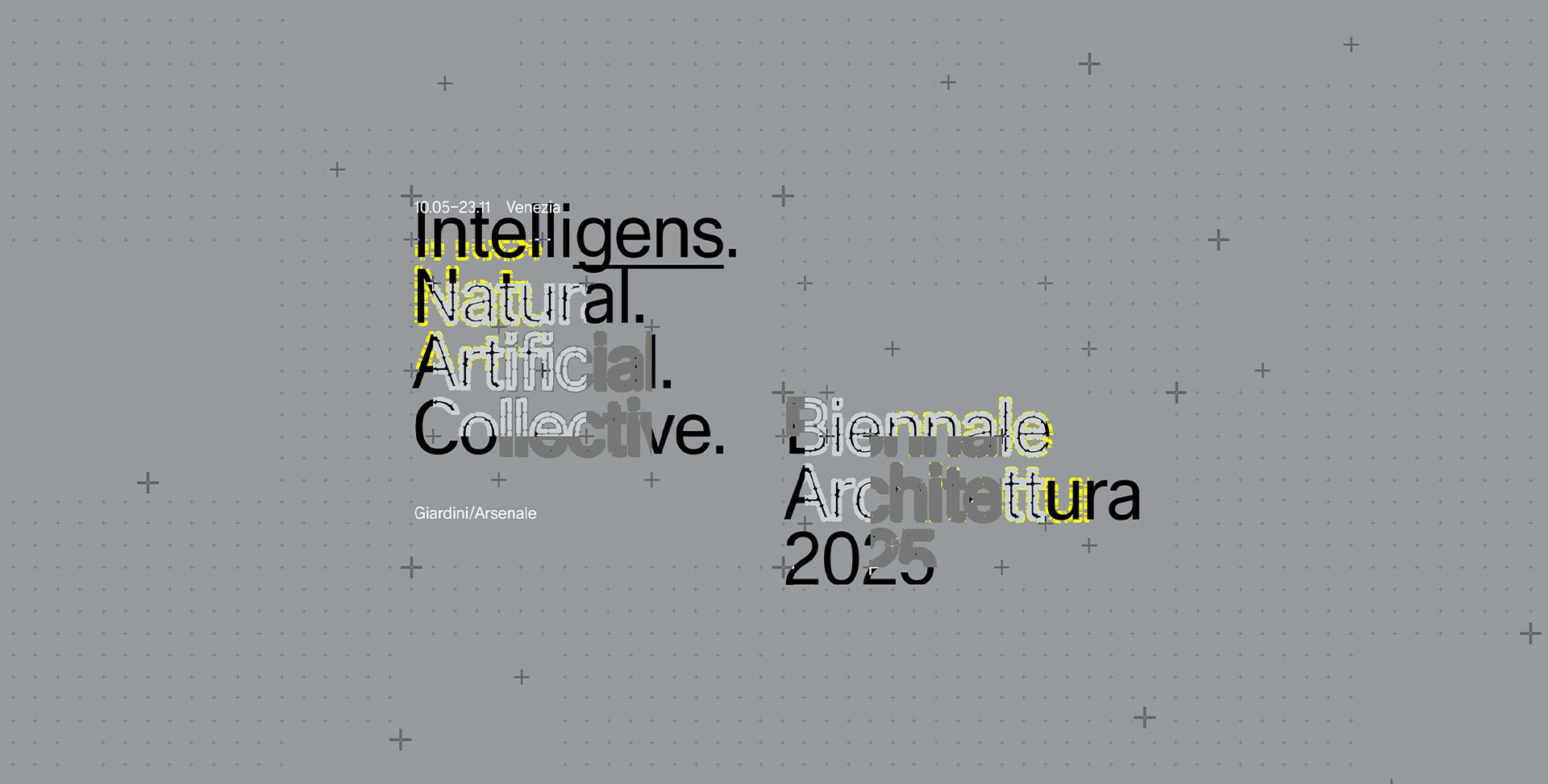 Banner ufficiale della Biennale Architettura 2025 a Venezia: temi su intelligenza, natura, artificialità e collettività