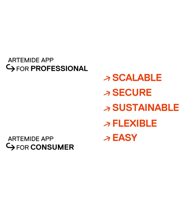 Graphic showing Artemide app features for professionals and consumers.