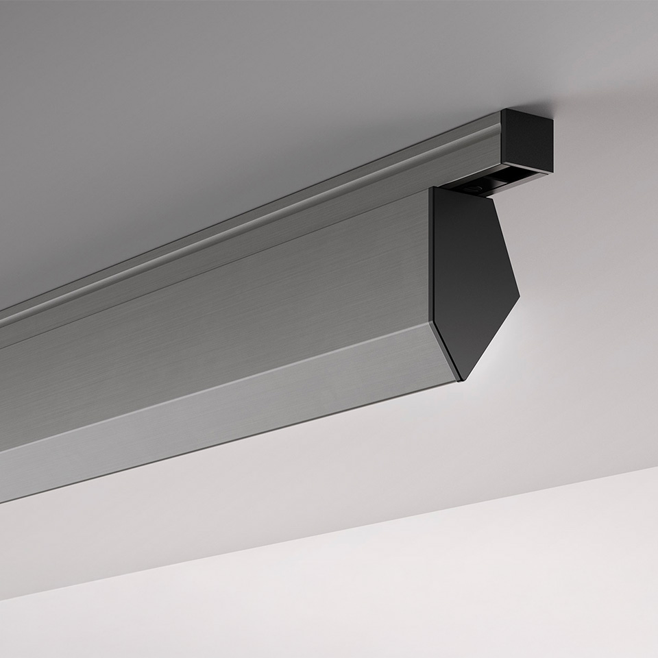 Artemide Turn Around System: elegante apparecchio lineare da soffitto in alluminio antracite con dettaglio del cappuccio terminale angolato